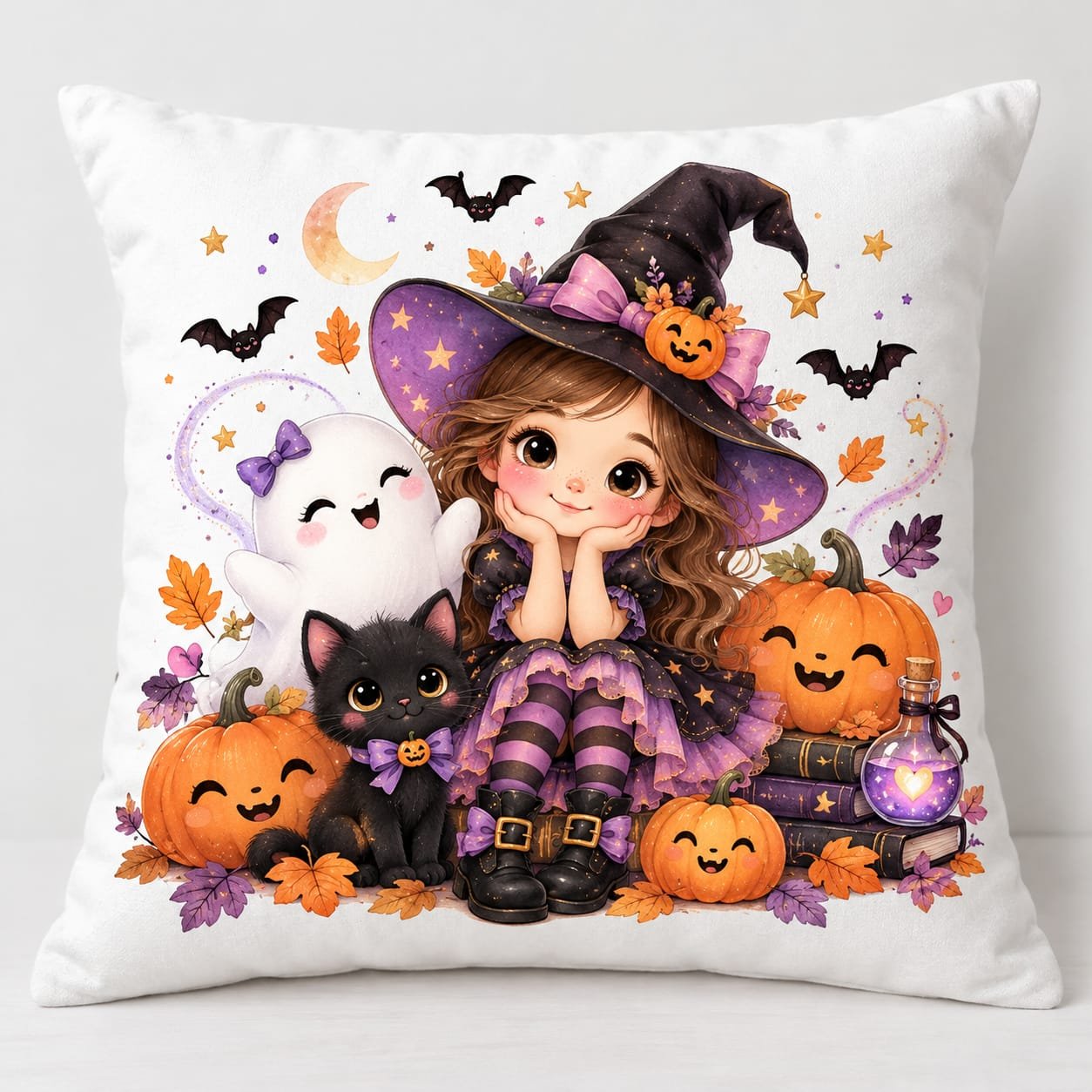 Young girl with pumpkin cushion cover